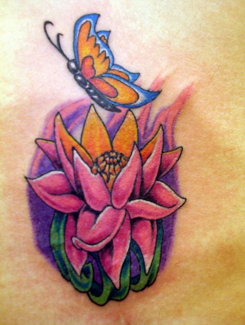 Flying Butterfly and Lotus Tattoo