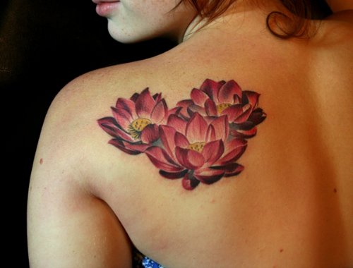 Impressive Left Back Shoulder Lotus Tattoo