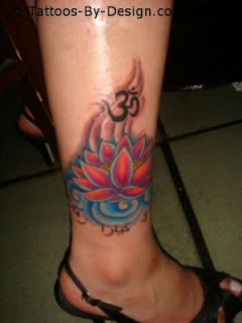 Color Lotus Tattoo On Girl Leg