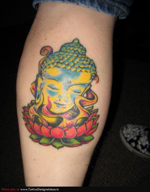 Color Buddha Head In Lotus Flower Tattoo On Back Leg