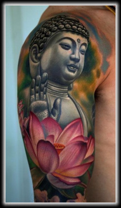 Buddha Lotus Tattoo On Half Sleeve