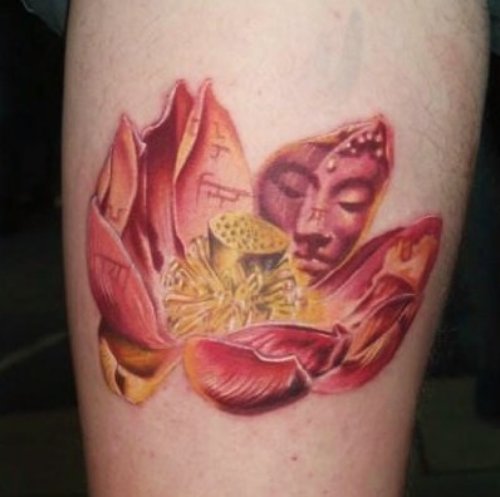 Buddha Face And Lotus Tattoo On Bicep