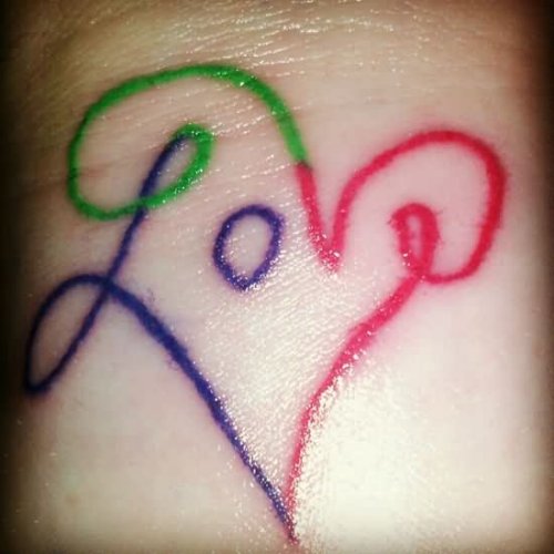 Red And Blue Love Tattoos On Wrist