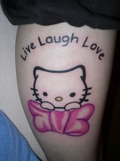 Kitty With Pink Bow And Live Laugh Love Tattoo