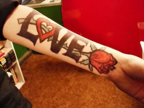 Awesome Red Rose And Love Tattoo On Left Forearm