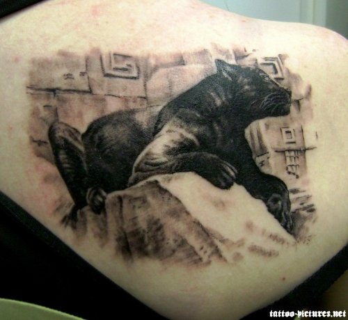 Black Ink Lynx Tattoo On Upperback