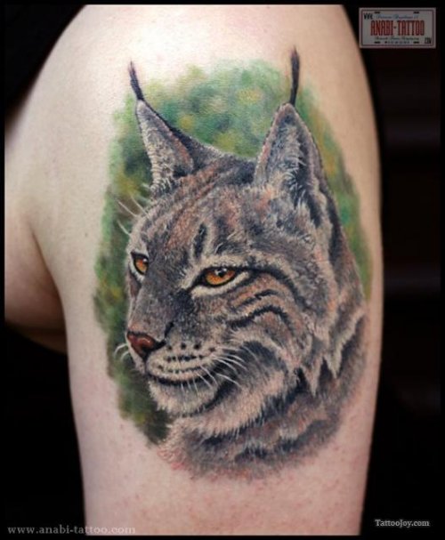 Left Shoulder Color Ink Lynx Head Tattoo