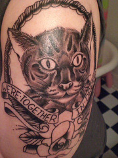 Lynx Head with Banner And Flower Grey Ink Tattoo