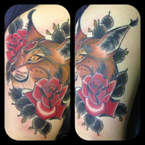 Rose And Lynx Head Colored Tattoo