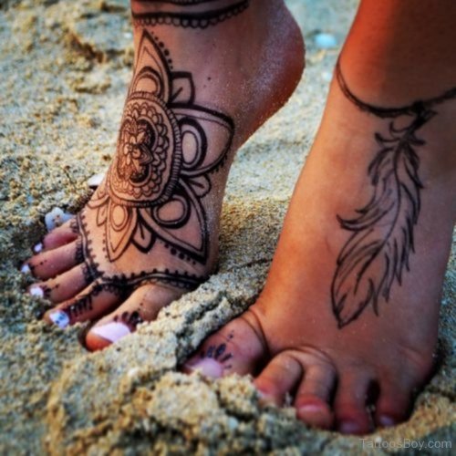 Mandala Feather Tattoos On Both Foot
