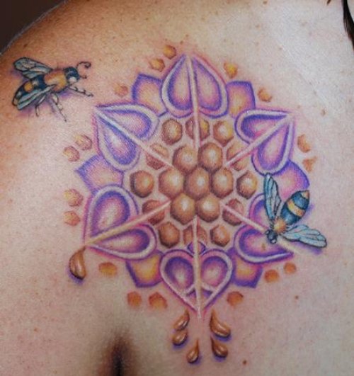 Honey Bee And Mandala Tattoo On Shoulder