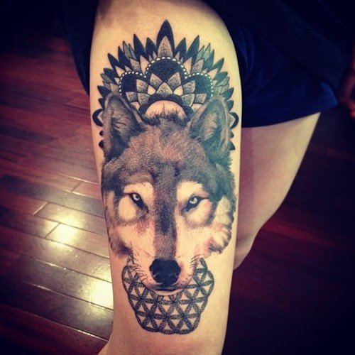 Grey Ink Fox Head And Mandala Tattoo