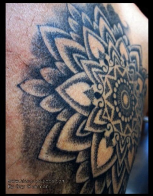 Nice Grey Ink Mandala Tattoo On Back