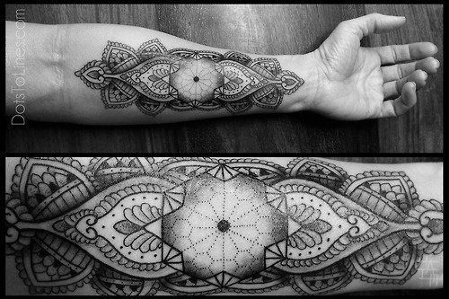Nice Grey Ink Mandala Flower Tattoos On Sleeve