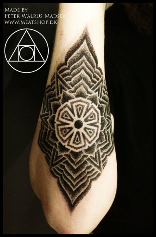 Black Ink Mandala Tattoo On Right Arm