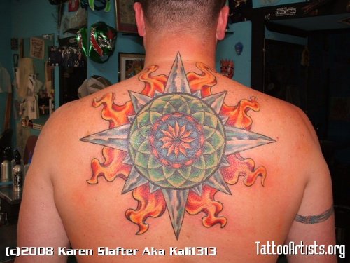 Flaming Mandala Flower Tattoo On Back