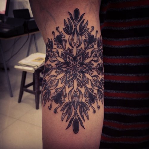 Grey Ink Mandala Tattoo On Right Sleeve