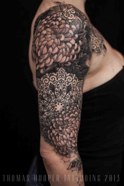 Grey Ink Mandala Flowers Tattoos On Right Sleeve