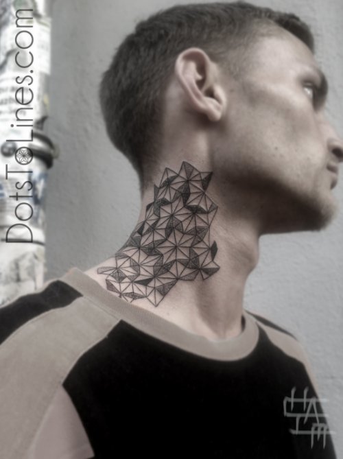 Grey Ink Mandala Tattoo On Neck For Men