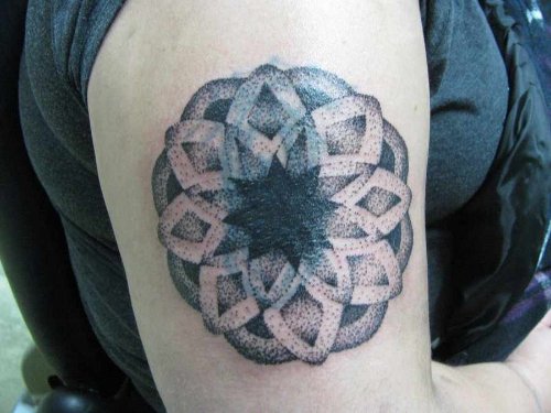 Grey Ink Mandala Tattoo On Right Bicep