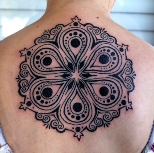 Awful Grey Ink Mandala Flower Tattoo On Back