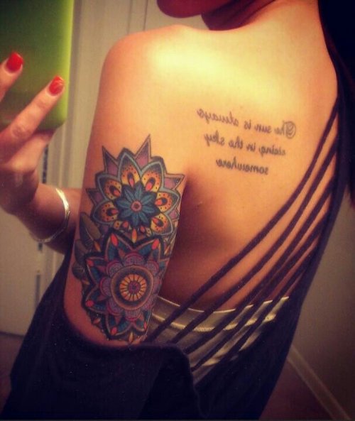 Lettering and Mandala Flowers Tattoos On Half Sleeve