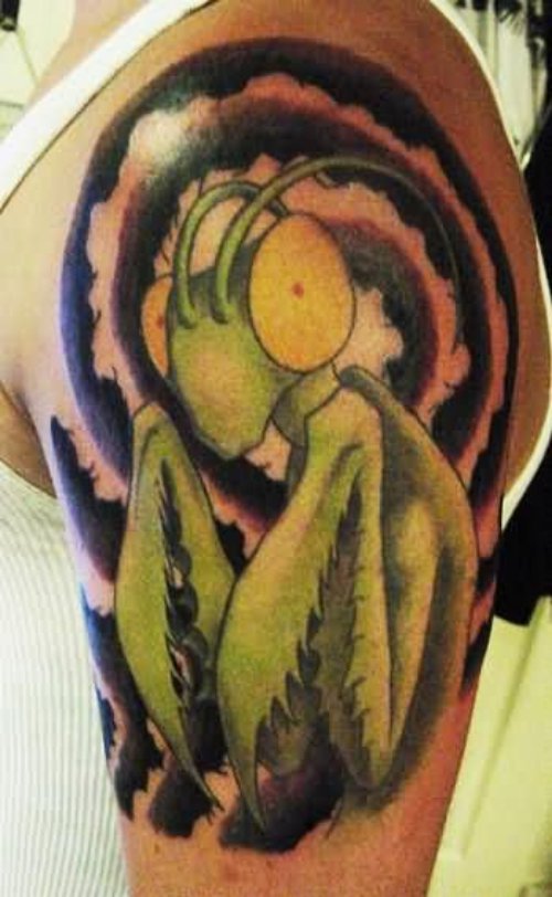 Green Ink Mantis Tattoo On Left Shoulder