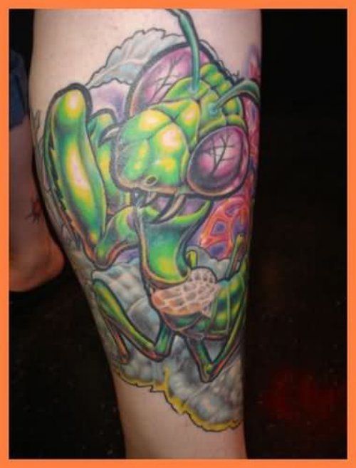 Color Ink Mantis Tattoo On Leg