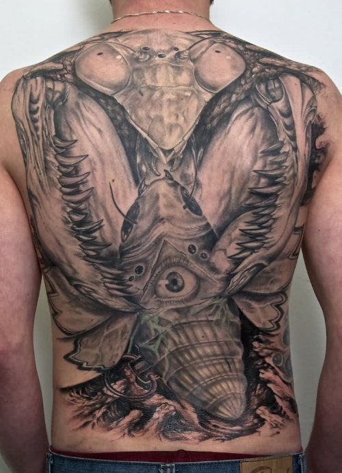 Grey Ink Mantis Tattoos On Back Body