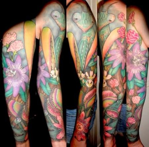 Color Flowers And Mantis Tattoo On Full Sleeve