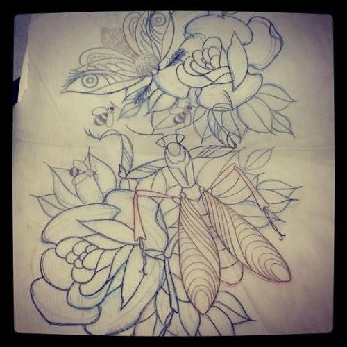 Rose Flower And Mantis Tattoo Design