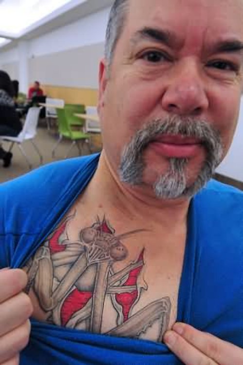 Mantis Tattoo On Man Chest
