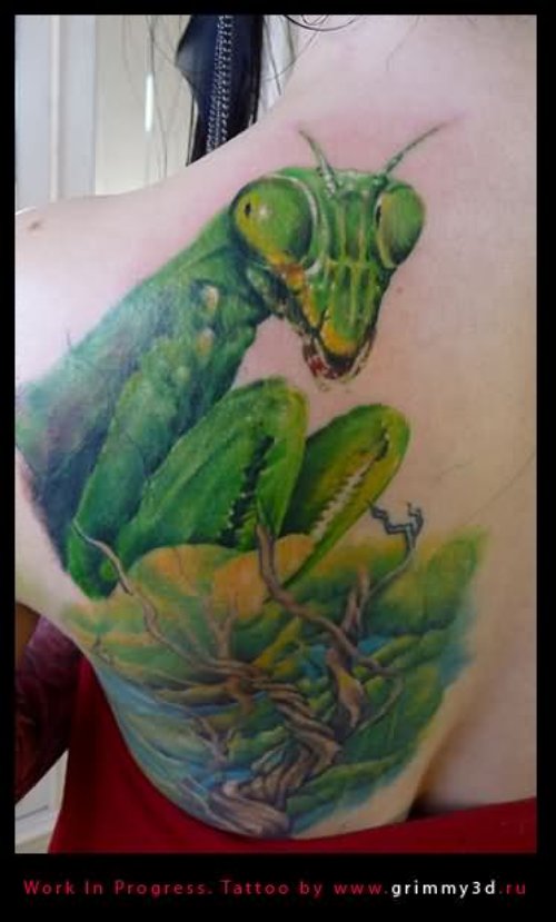 Left Back shoulder Green Ink Mantis Tattoo