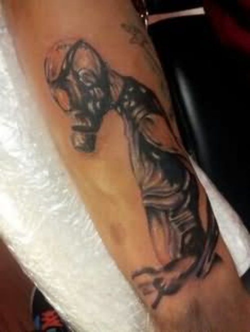 Grey Ink Mantis Tattoo On Sleeve