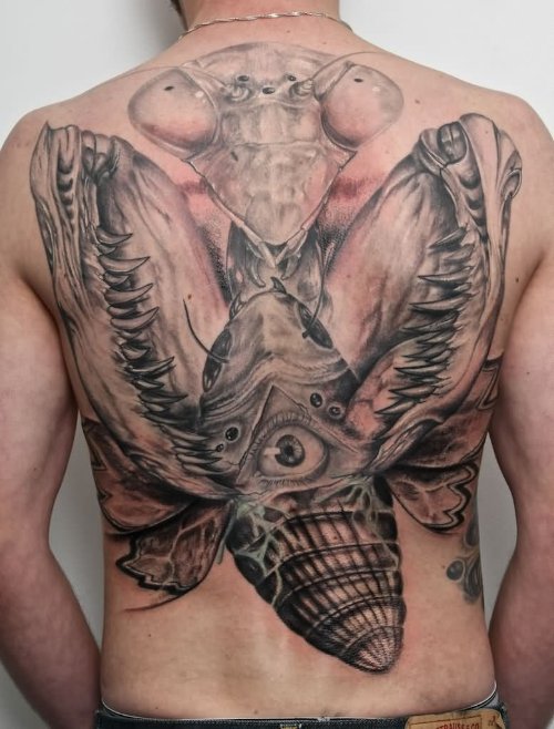 Back Body Grey Ink Mantis Tattoo
