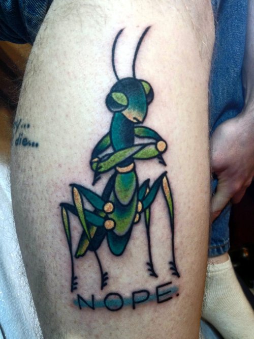 Nope Mantis Tattoo On Leg