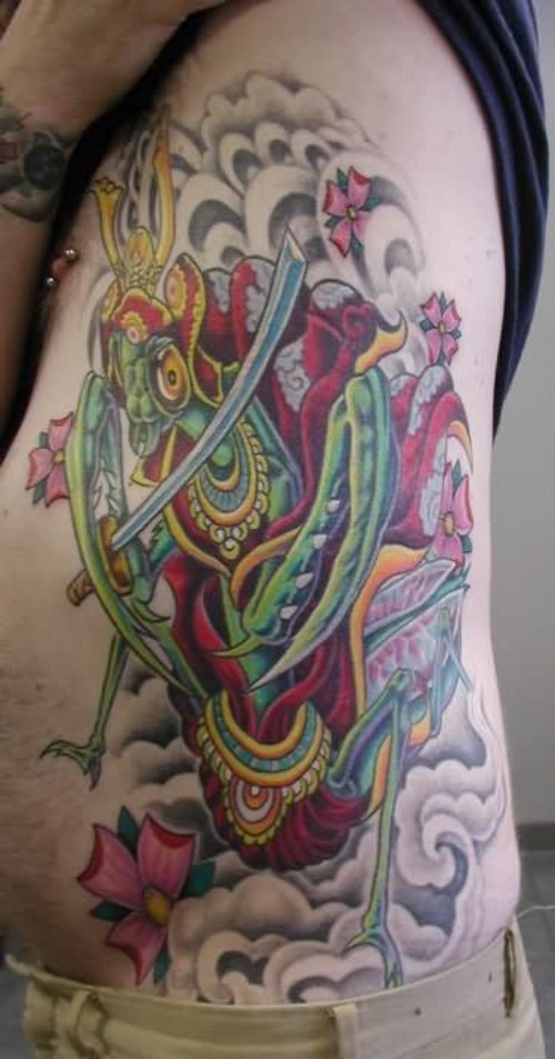 Amazing Colored Mantis Tattoo On Left Rib Side