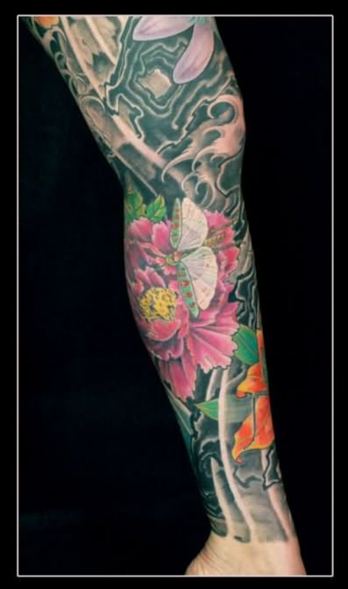 Flowers And Mantis Tattoo On Leg