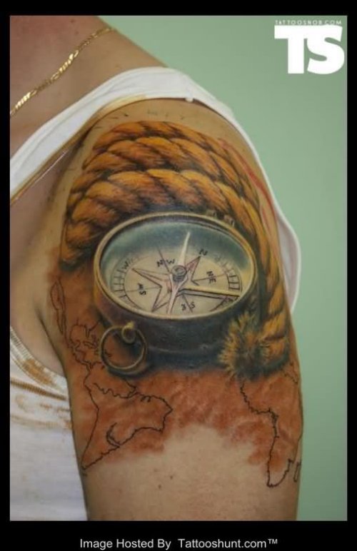 Color Ink Rope With Compass And Map Tattoo On Shoulder