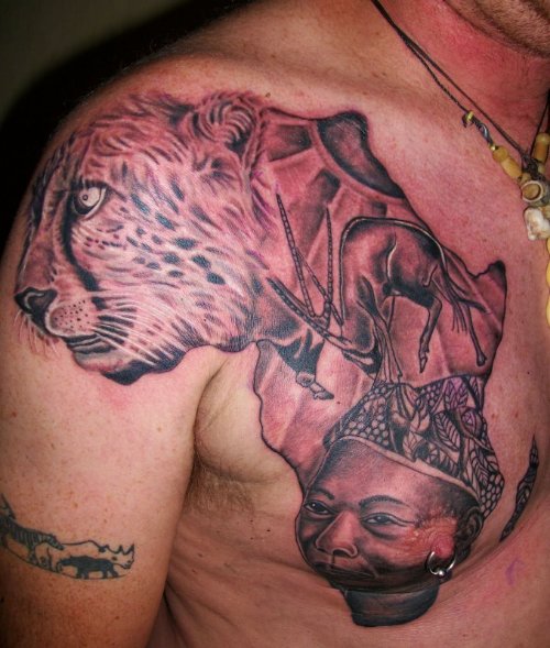 Leopard Face In Africa Map Tattoo On Chest
