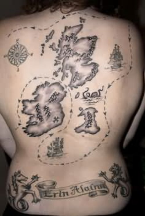 Grey Ink Map Tattoo On Full Back