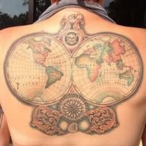 Color Ink World Map Tattoo On Back