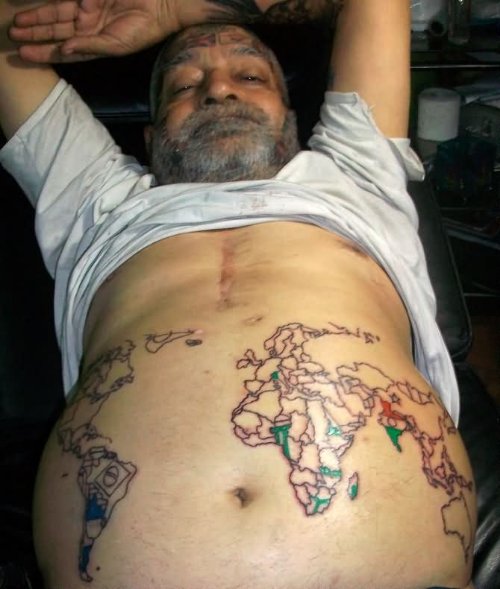 Color Ink Map Tattoo On Belly