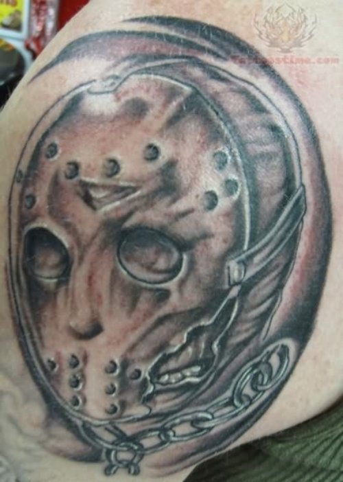 Jason Mask Tattoo On Back Shoulder