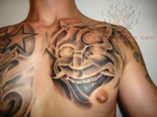 Japanese Mask Tattoo On Chest