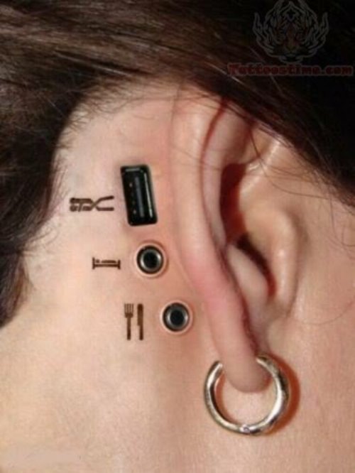 Mechanical Geek Tattoo Behind Ear