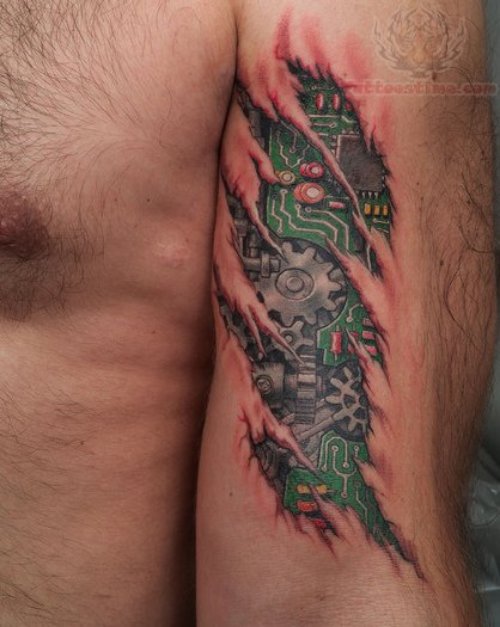 Rip Skin Bio Mechanical Tattoo On Men Bicep