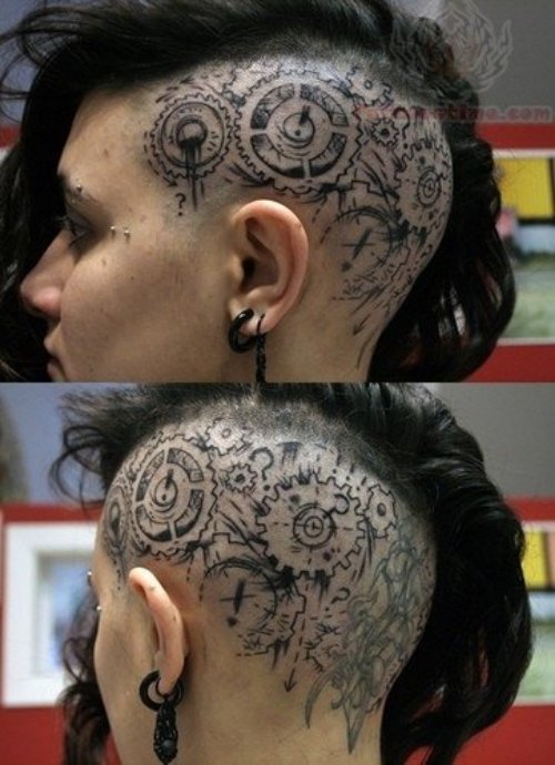 Mechanical Tattoo On Girl Head