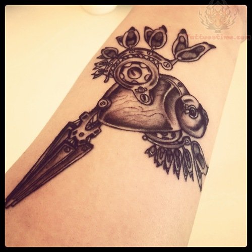 Grey Ink Mechanical Bird Tattoo On Arm