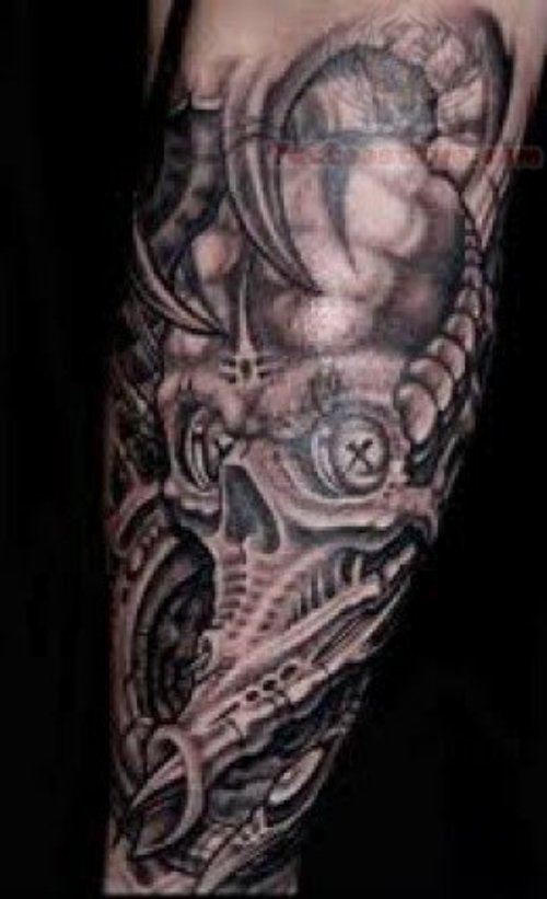 Mechanical Grey Ink Tattoo On Sleeve
